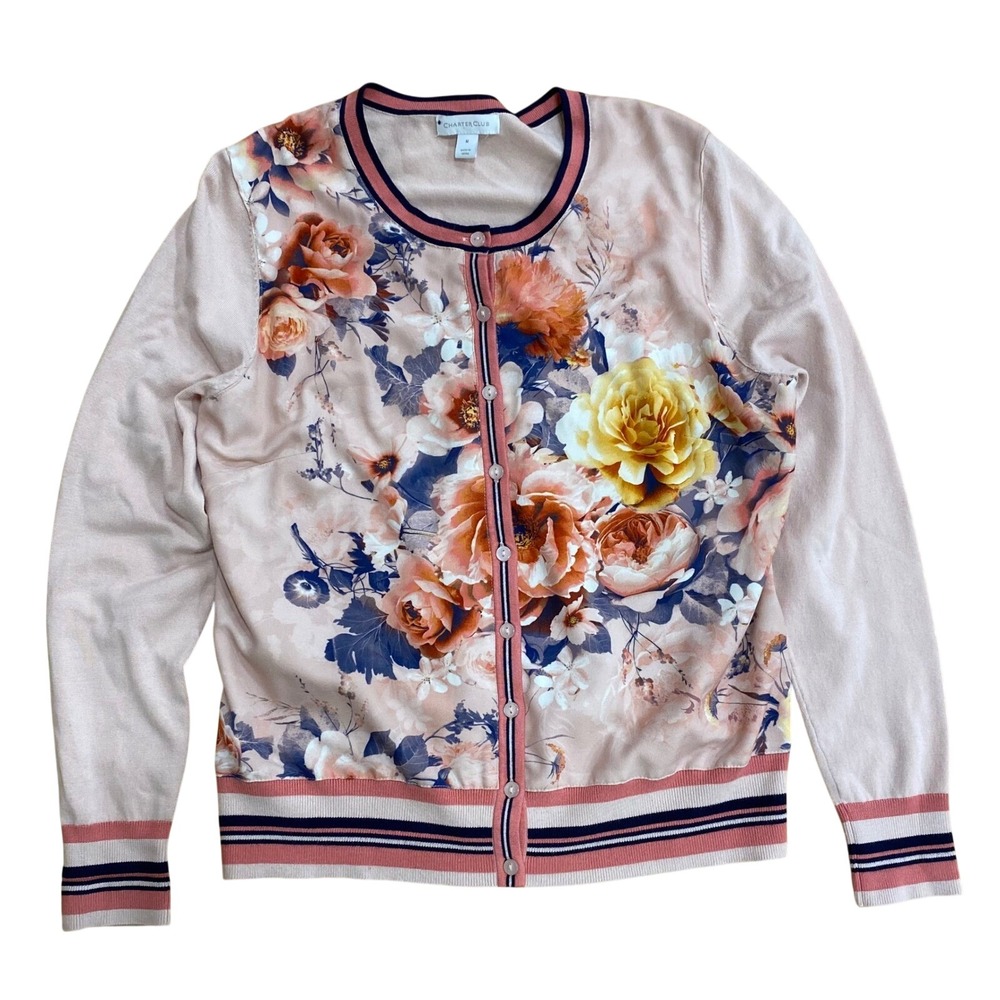 Charter Club Floral Print Cardigan Sweater Pink‎ Blue Yellow Roses Navy Size M